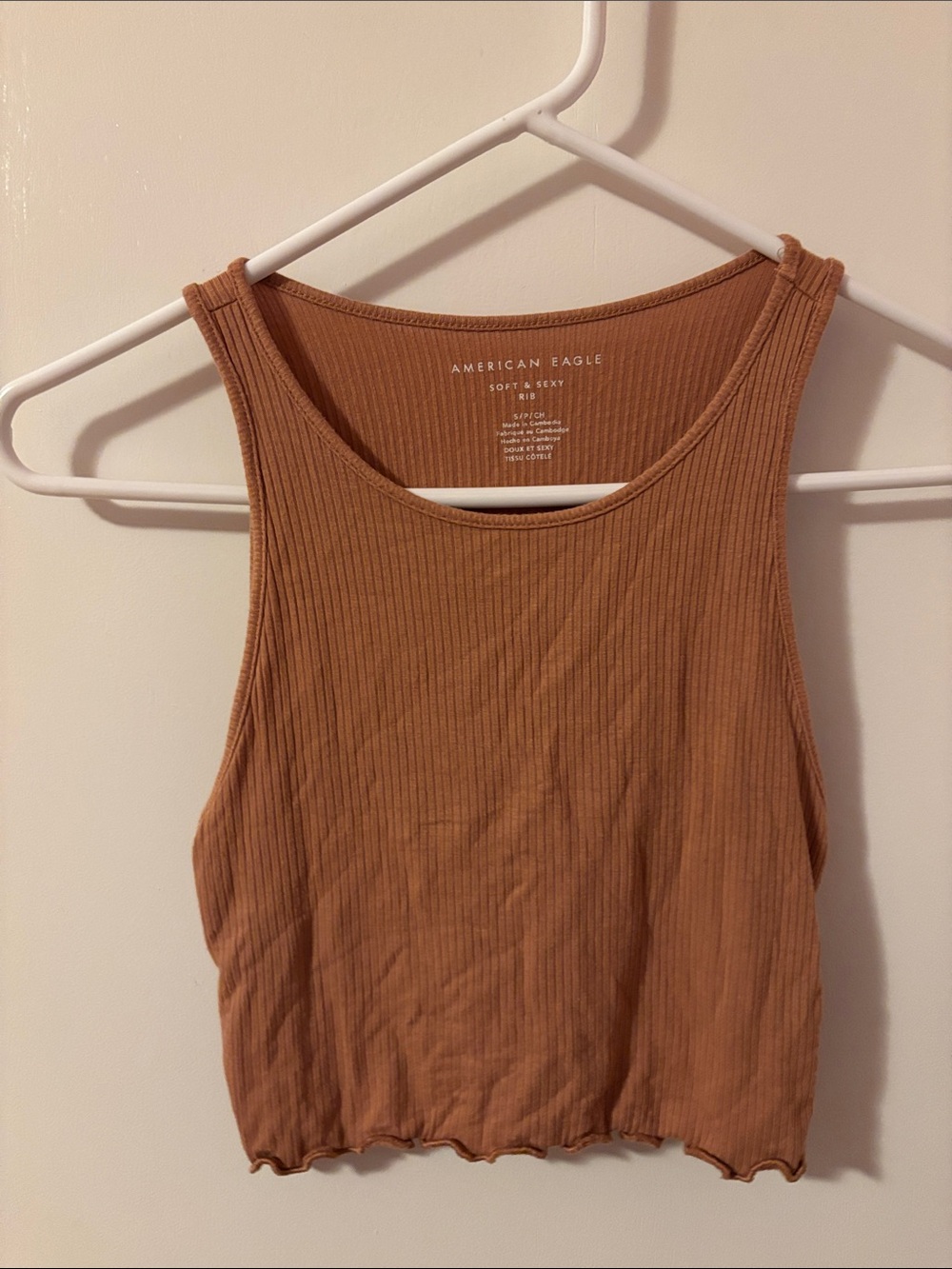American Eagle Outfitters Ribbed Cropped Tank Top in Tan Brown
